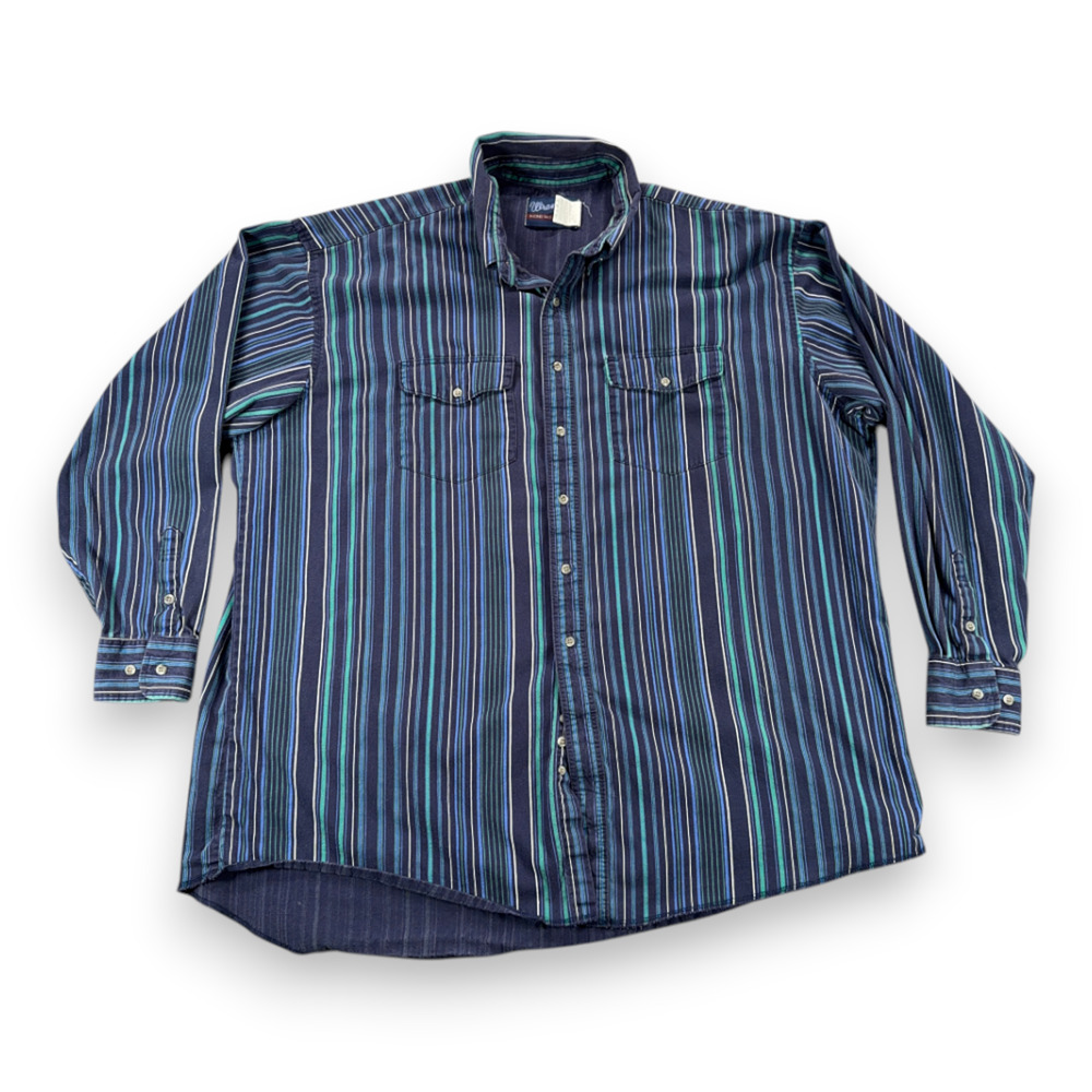 Vintage Wrangler Shirt Adult 2XL XXL Blue Green White Striped Western Cowboy 90s
